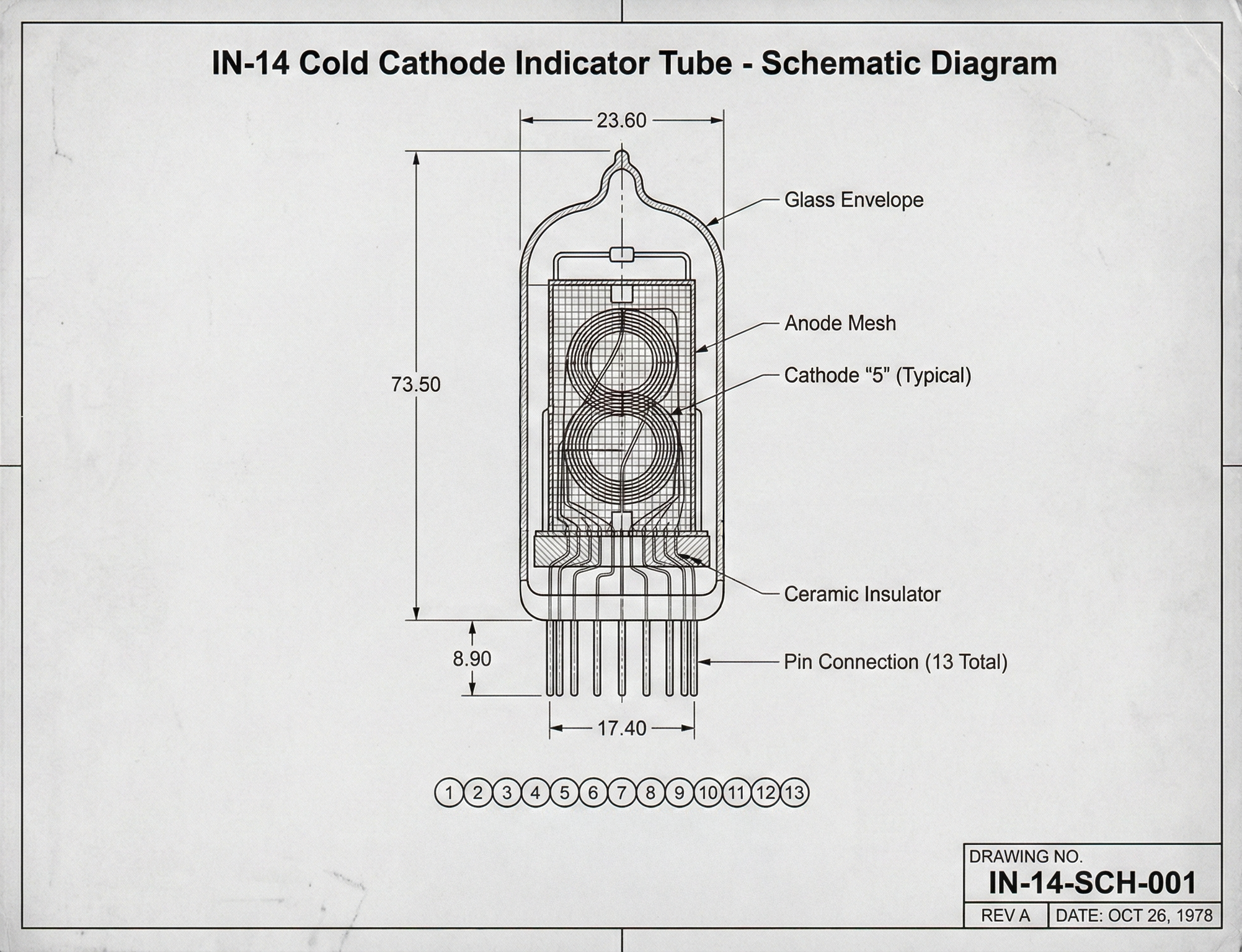 Technical diagram of an IN-14 Cold Cathode Indicator Tube with labeled parts and dimensions.