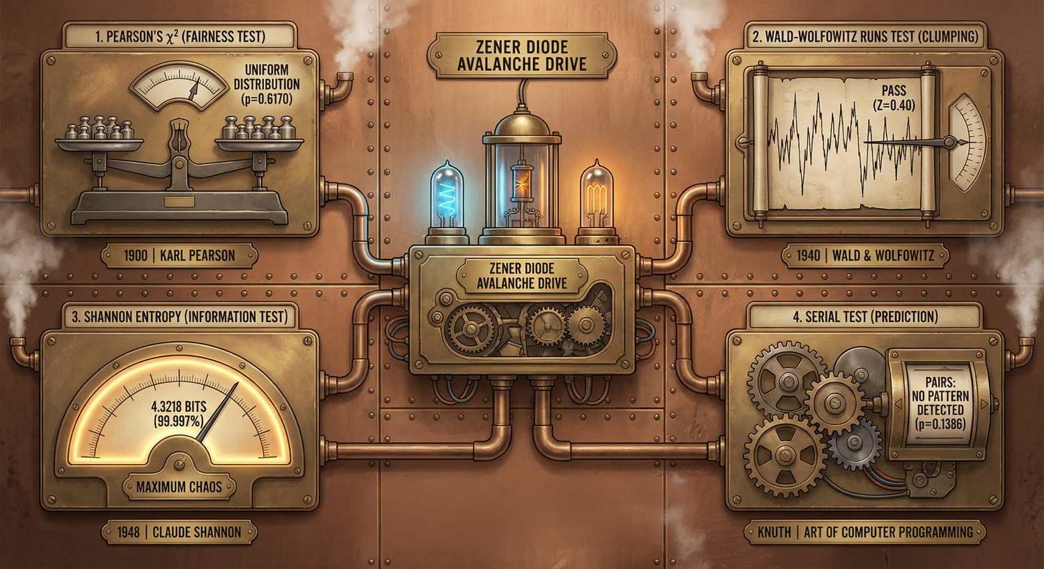 A steam-punk inspired drawing, showing a center box with gears with vacuum tubes on top of the device. The central device is connected to 4 other steam-punk inspired drawings which highlight various statistical tests.