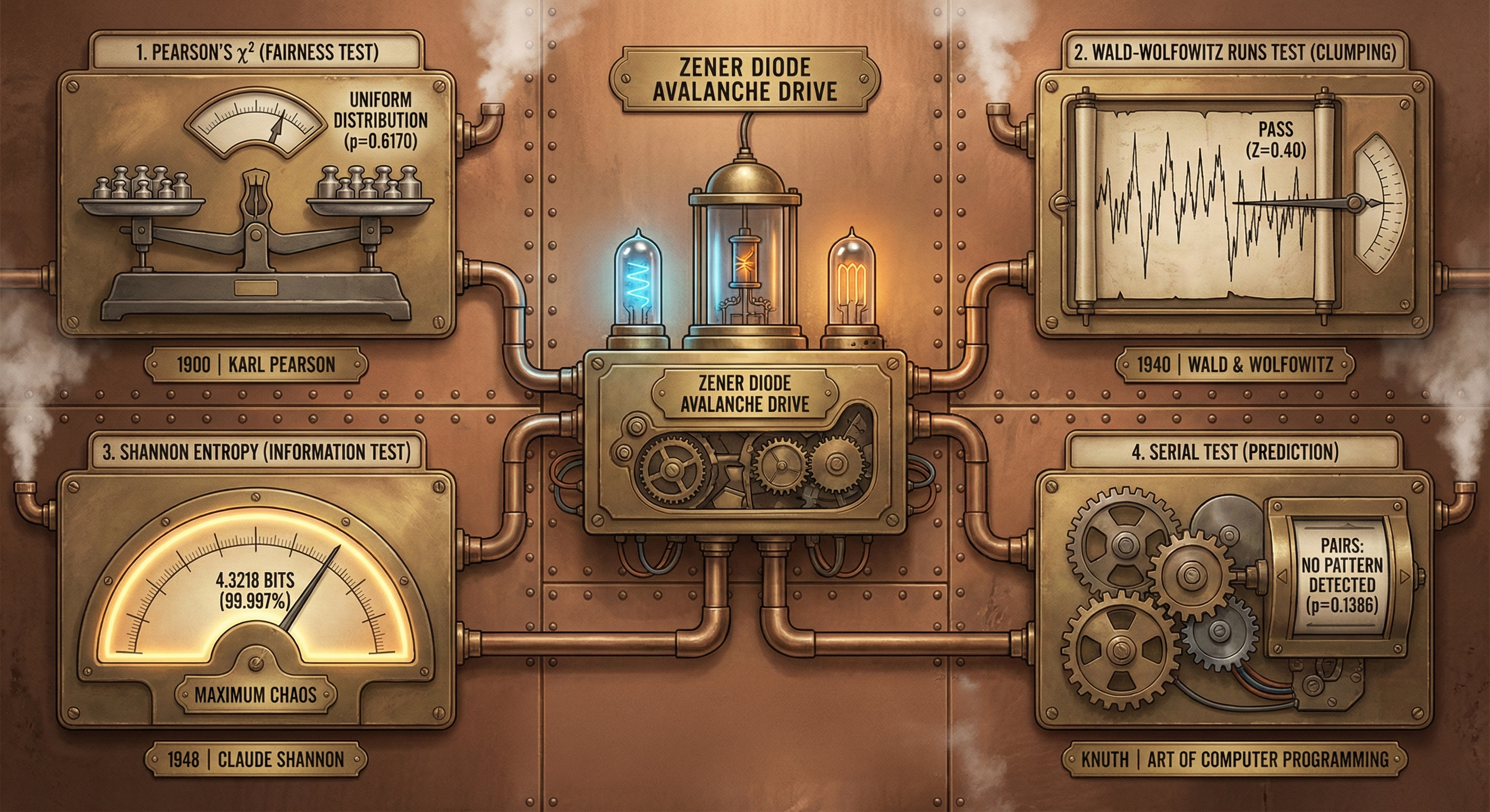 A steam-punk inspired drawing, showing a center box with gears with vacuum tubes on top of the device. The central device is connected to 4 other steam-punk inspired drawings which highlight various statistical tests.