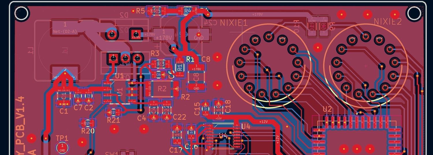 A printed circuit board displayed in the layout view of the design software. Red and blue layers show the layers of the PCB, with traces connecting the various electrical components.