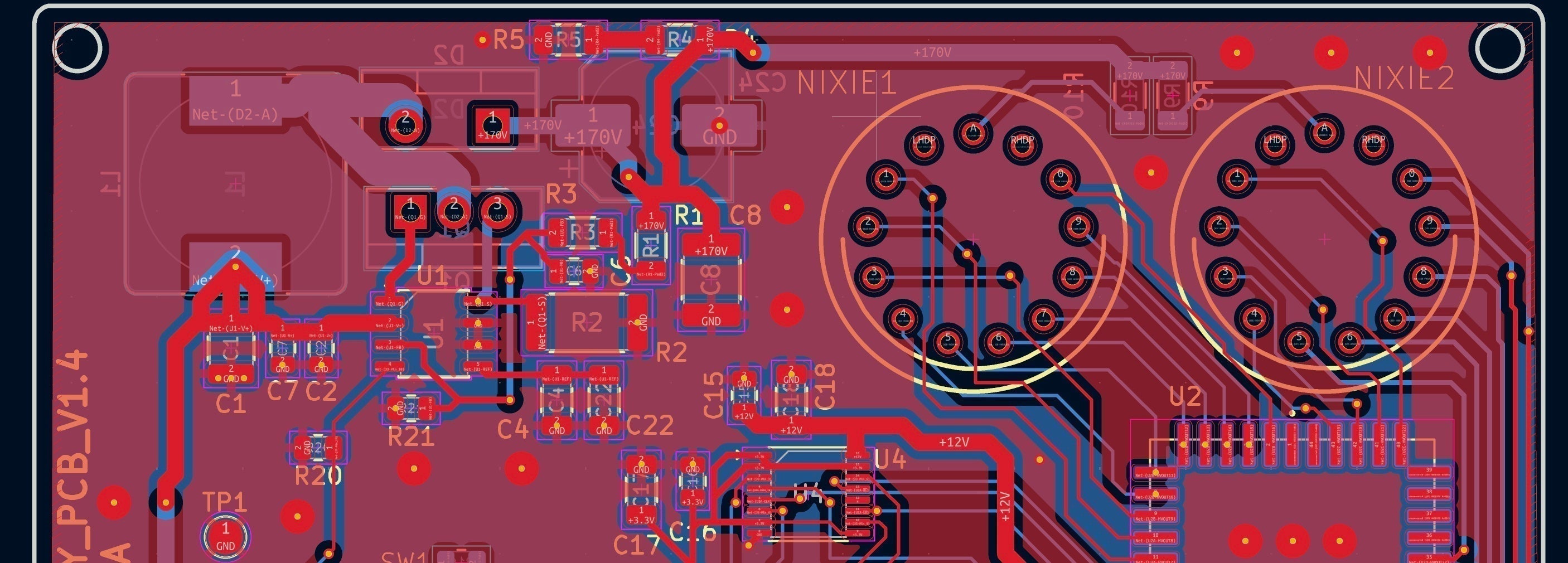 A printed circuit board displayed in the layout view of the design software. Red and blue layers show the layers of the PCB, with traces connecting the various electrical components.