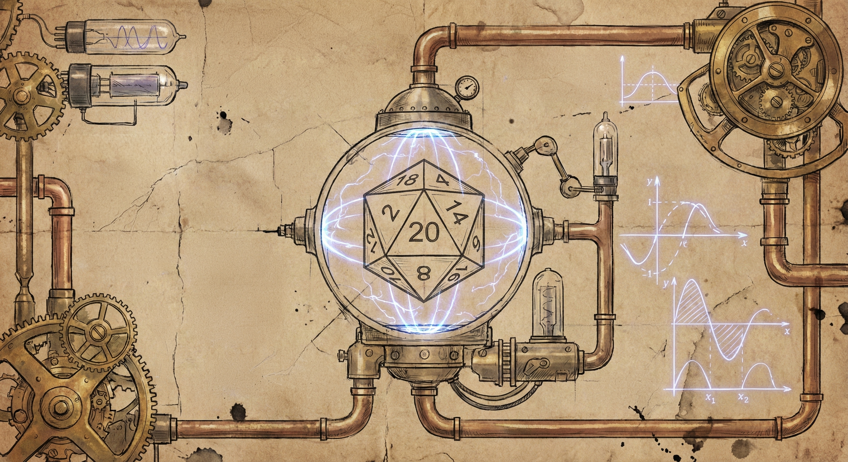 A steam-punk style artistic representation of a 1d20 in the center of a chamber, with lightning arcing towards the die. The background consists of steam-punk themed elements, such as gears, vacuum tubes, and copper piping.