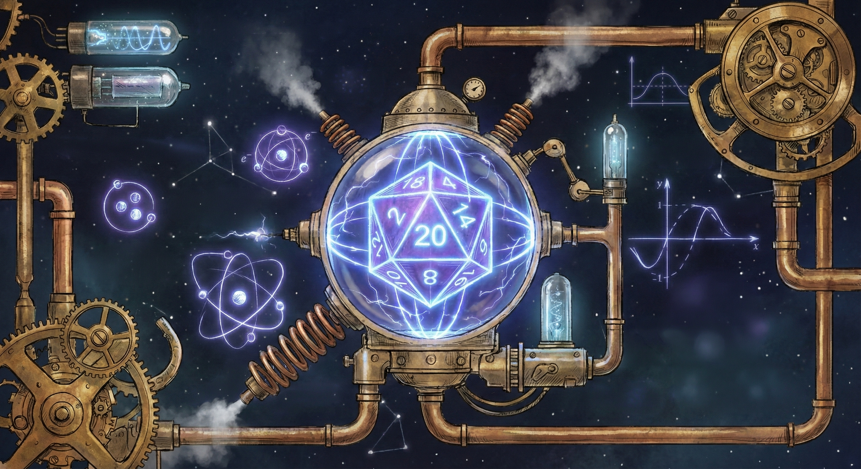 Steampunk-style mechanical design with a glowing d20 die in the center against a cosmic background. Cartoon steam-punk gears, piping, and pressure gauges are prominent throughout the artistic drawing.